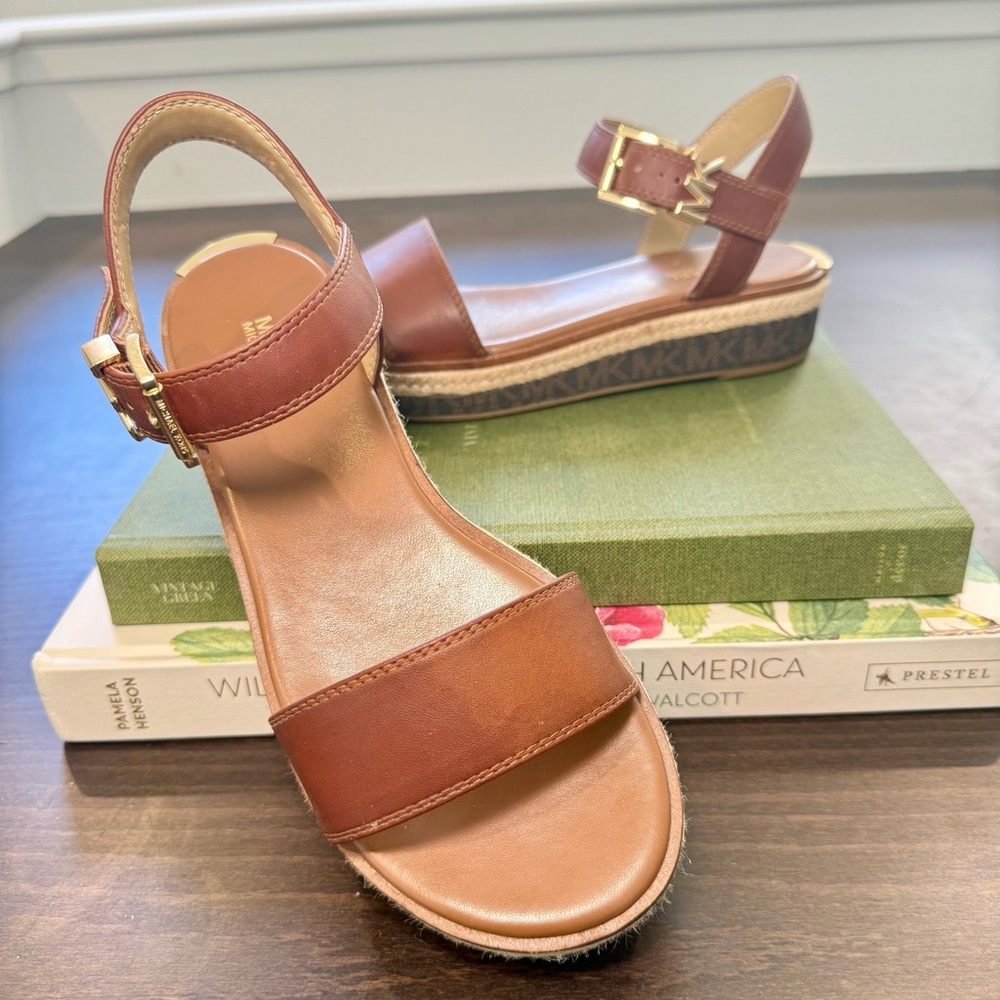 MICHAEL Michael Kors Brown Leather Sandals with Gold Accents